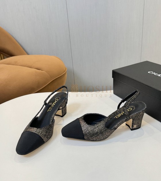 Ch**el Slingback Heels Lambskin & Calfskin Heel 6.5cm