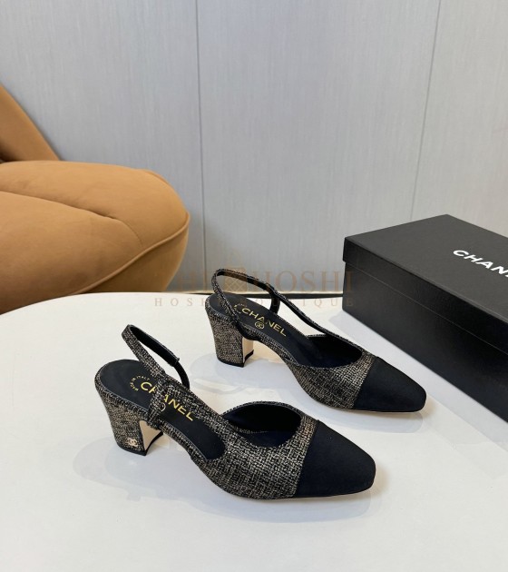 Ch**el Slingback Heels Lambskin & Calfskin Heel 6.5cm