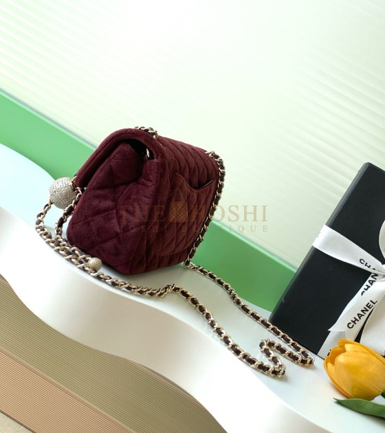 Ch**el Ch**el 25B Velvet Flap Bag with Crystal Ball Charm 18cm/20cm