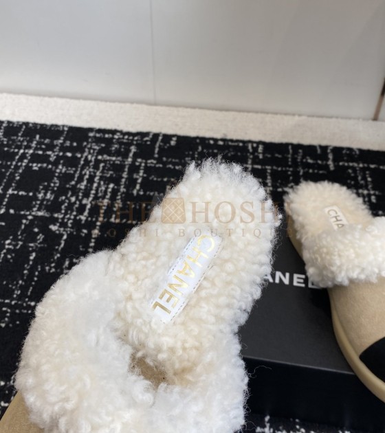 Ch**el Shearling Logo Slides Wool Platform