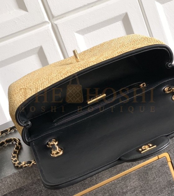 Ch**el Raffia Flap Bag Woven Straw with Lambskin Trim Khaki 26cm