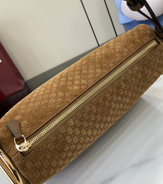 Gvc*1 Half Horsebit Shoulder Bag Brown GG Embossed Suede Brown  31.5×17×12cm