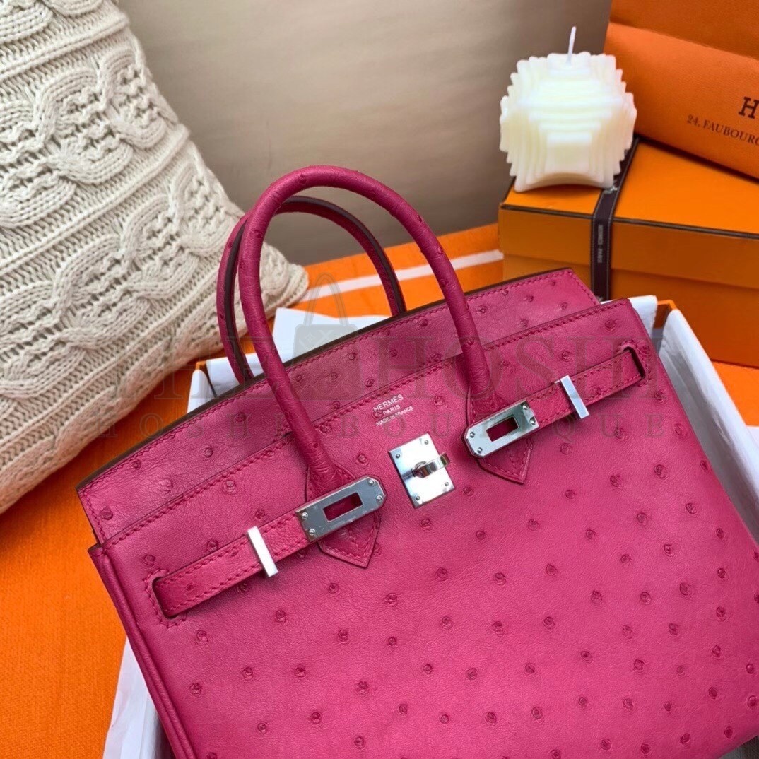 H**me5 Rose Red Birkin 25cm Ostrich Handmade Bag Master Quality