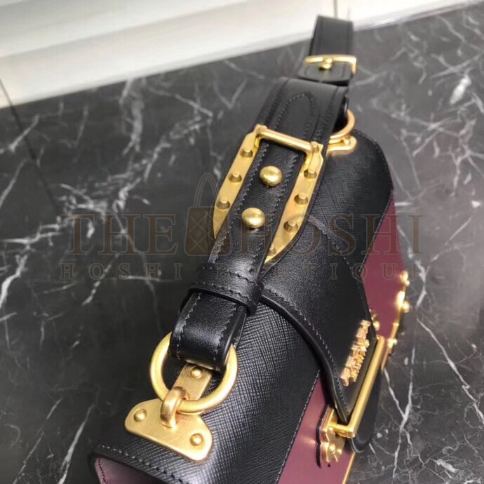 Pra*a Cahier Shoulder Bag In Bordeaux/Black Leather Master Quality