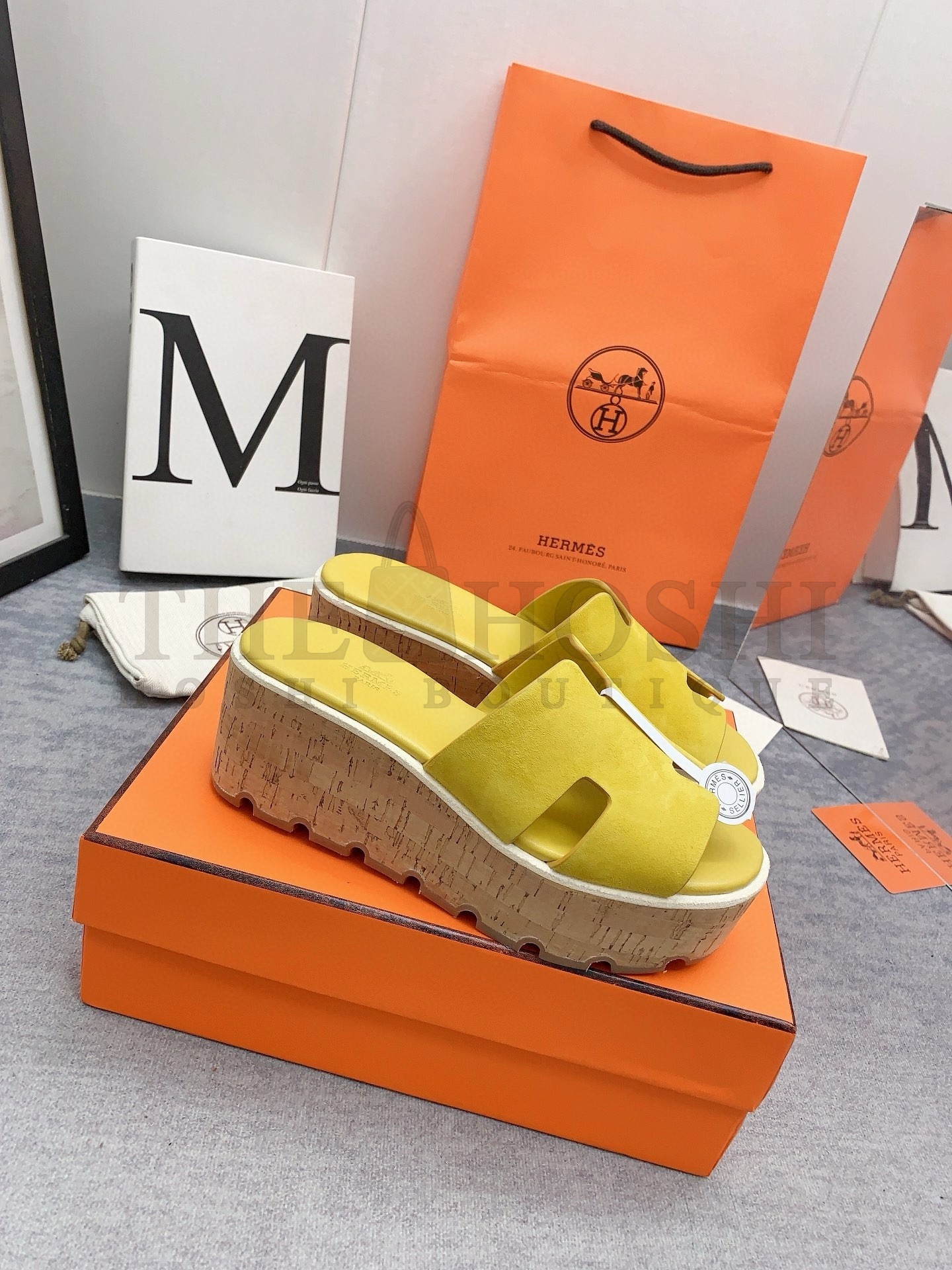 H**me5 Eze 30 Cork Platform Sandals in Yellow Suede Leather Master Quality