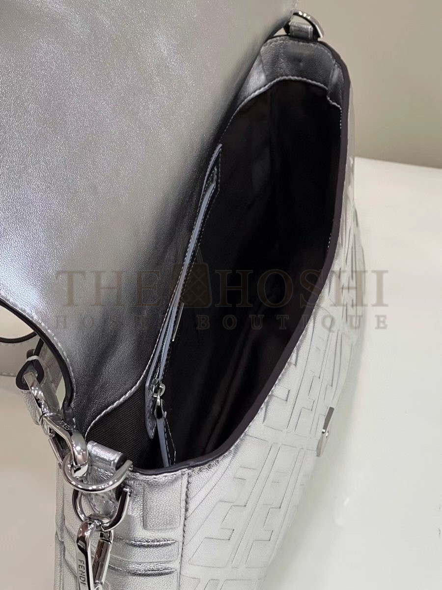 F**di Large Baguette Bag In Silver FF Metallic Leather Master Quality
