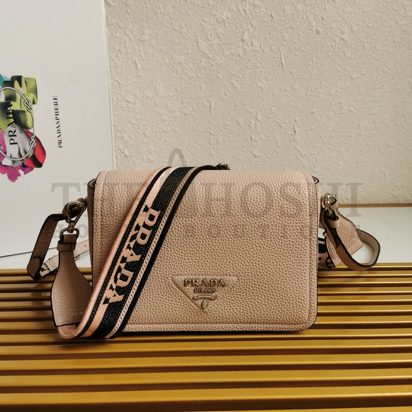 Pra*a Flap Shoulder Bag in Light Pink Grained Leather Master Quality