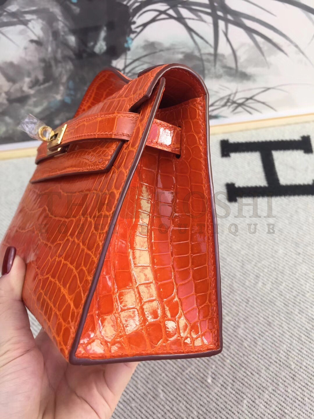 H**me5 Orange Kelly Pochette Shiny Niloticus Crocodile Bag Master Quality