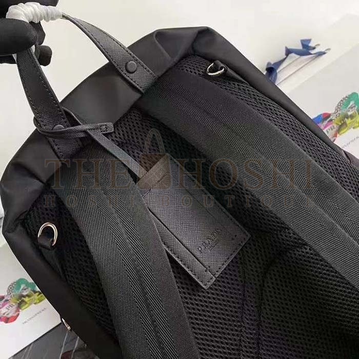 Pra*a Unisex Re-Nylon Saffiano Leather Backpack Black Fabric Zipper Master Quality