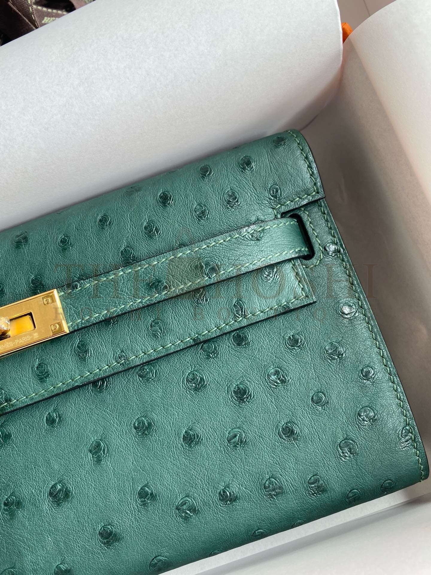 H**me5 Kelly Classique To Go Wallet in Malachite Ostrich Leather Master Quality