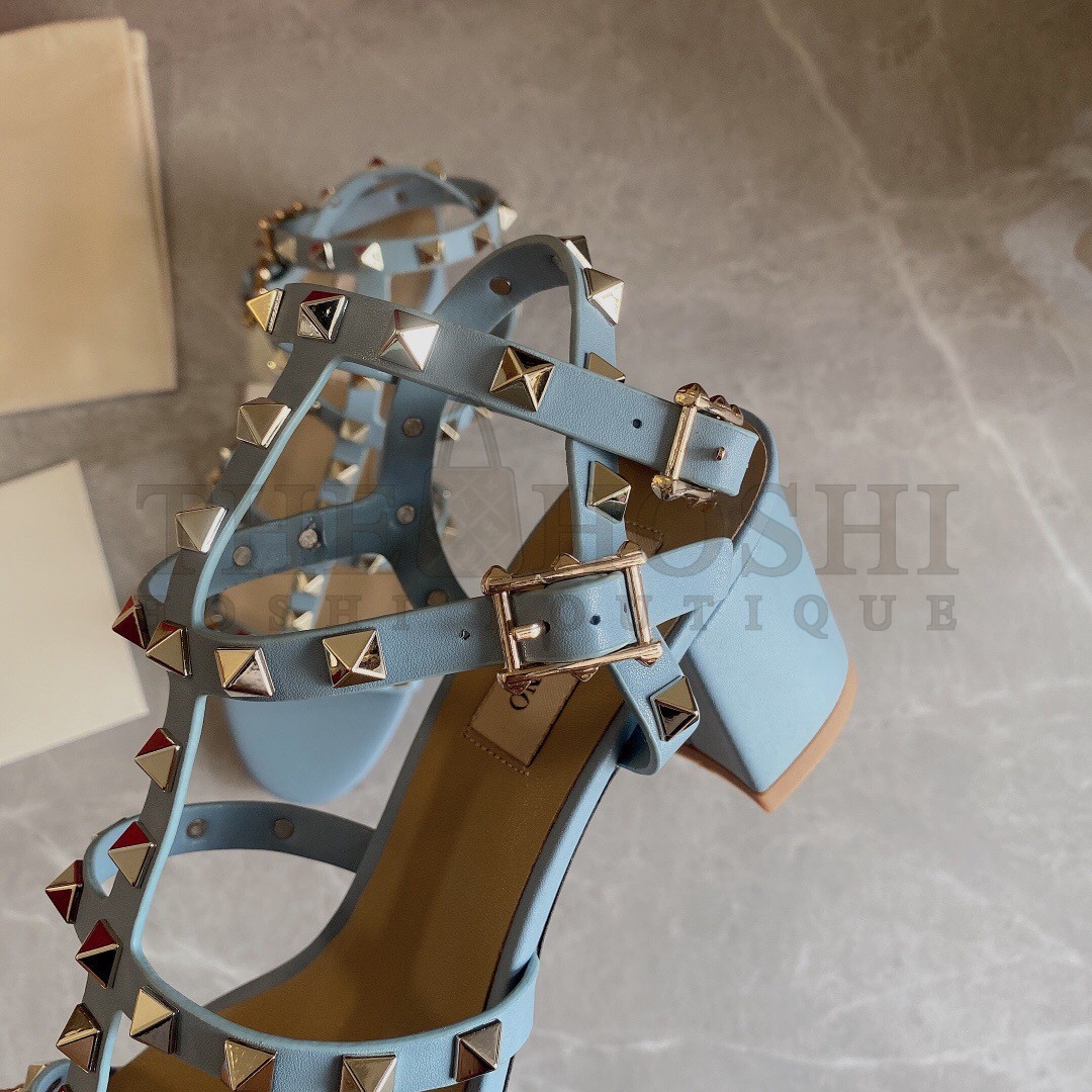 Va1e*ntin0 Rockstud Ankle Strap Sandals 60mm In Blue Calfskin Master Quality