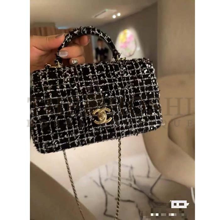 Ch**el Women CC Mini Flap Bag Top Handle Sequin Tweed Black Master Quality