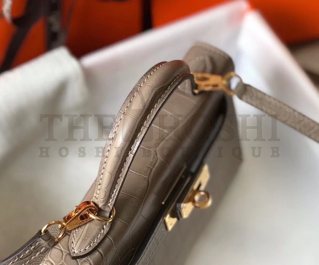 H**me5 Kelly Mini II Bag In Grey Crocodile Embossed Leather Master Quality