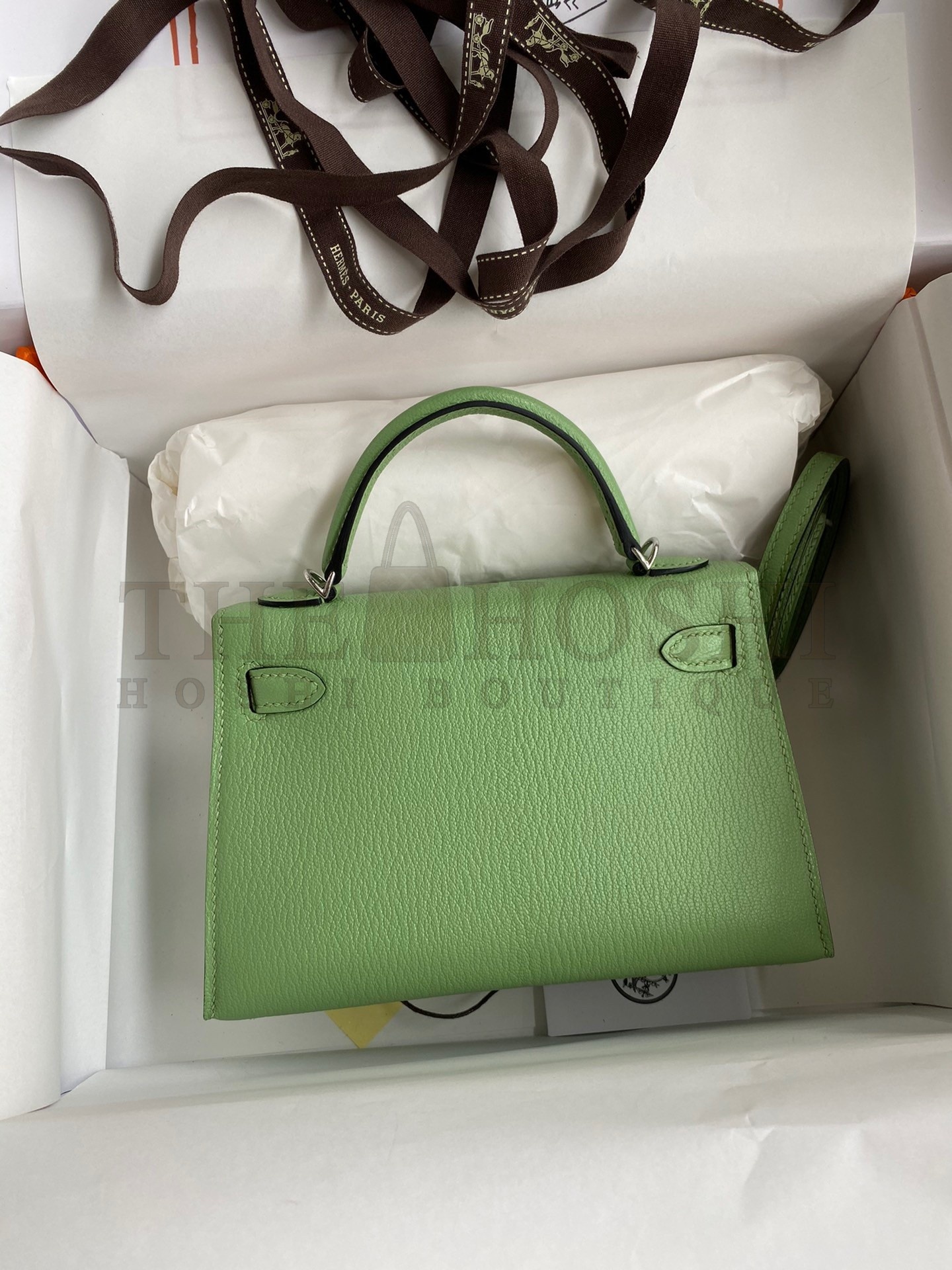 H**me5 Kelly Mini II Sellier Handmade Bag In Vert Criquet Chevre Mysore Leather Master Quality