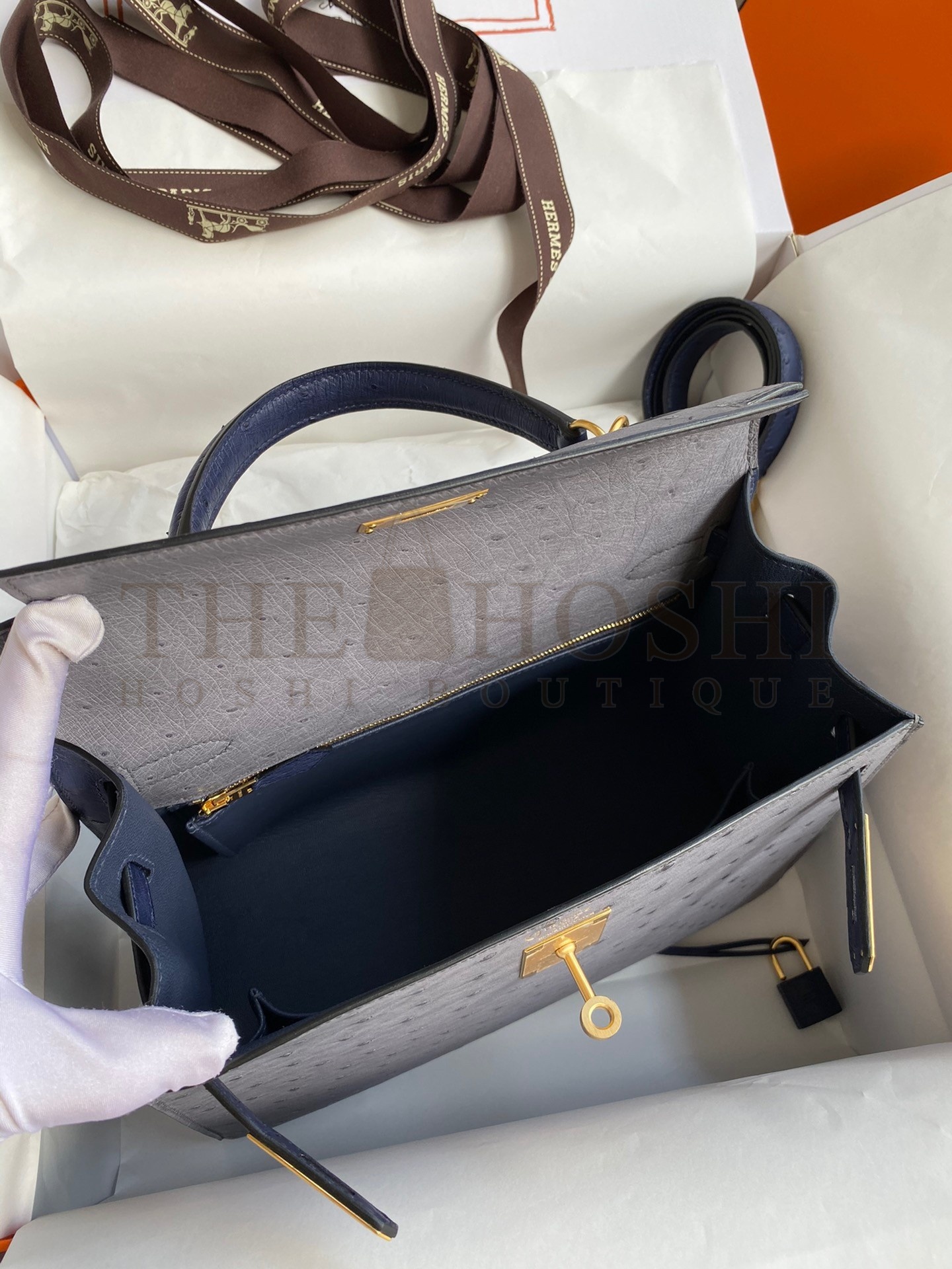 H**me5 Kelly Sellier 25 Bicolor Bag in Gris Agate and Blue Ostrich Leather Master Quality
