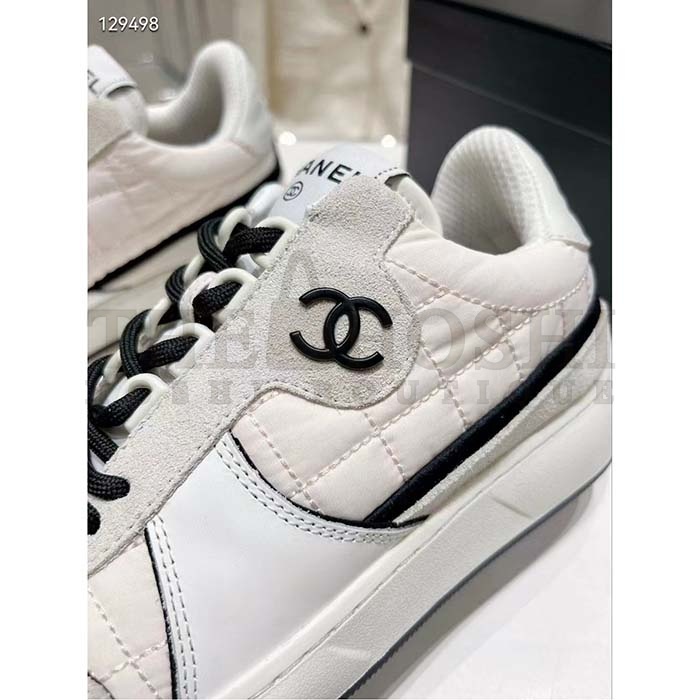 Ch**el Women CC Sneakers Fabric Suede Calfskin Calfskin White Light Gray Master Quality