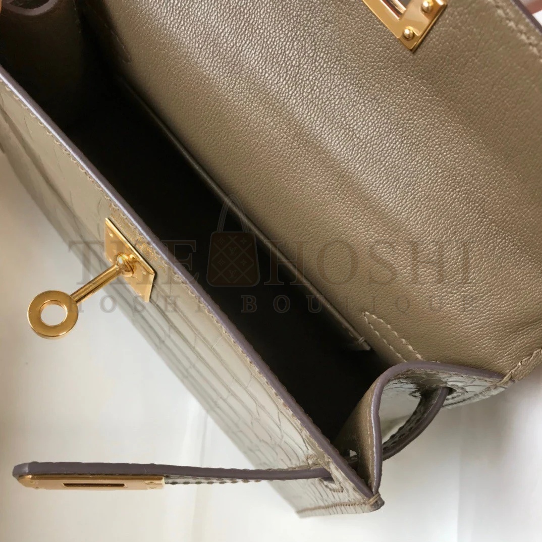 H**me5 Kelly Mini II Sellier Bag In Taupe Crocodile Embossed Leather Master Quality