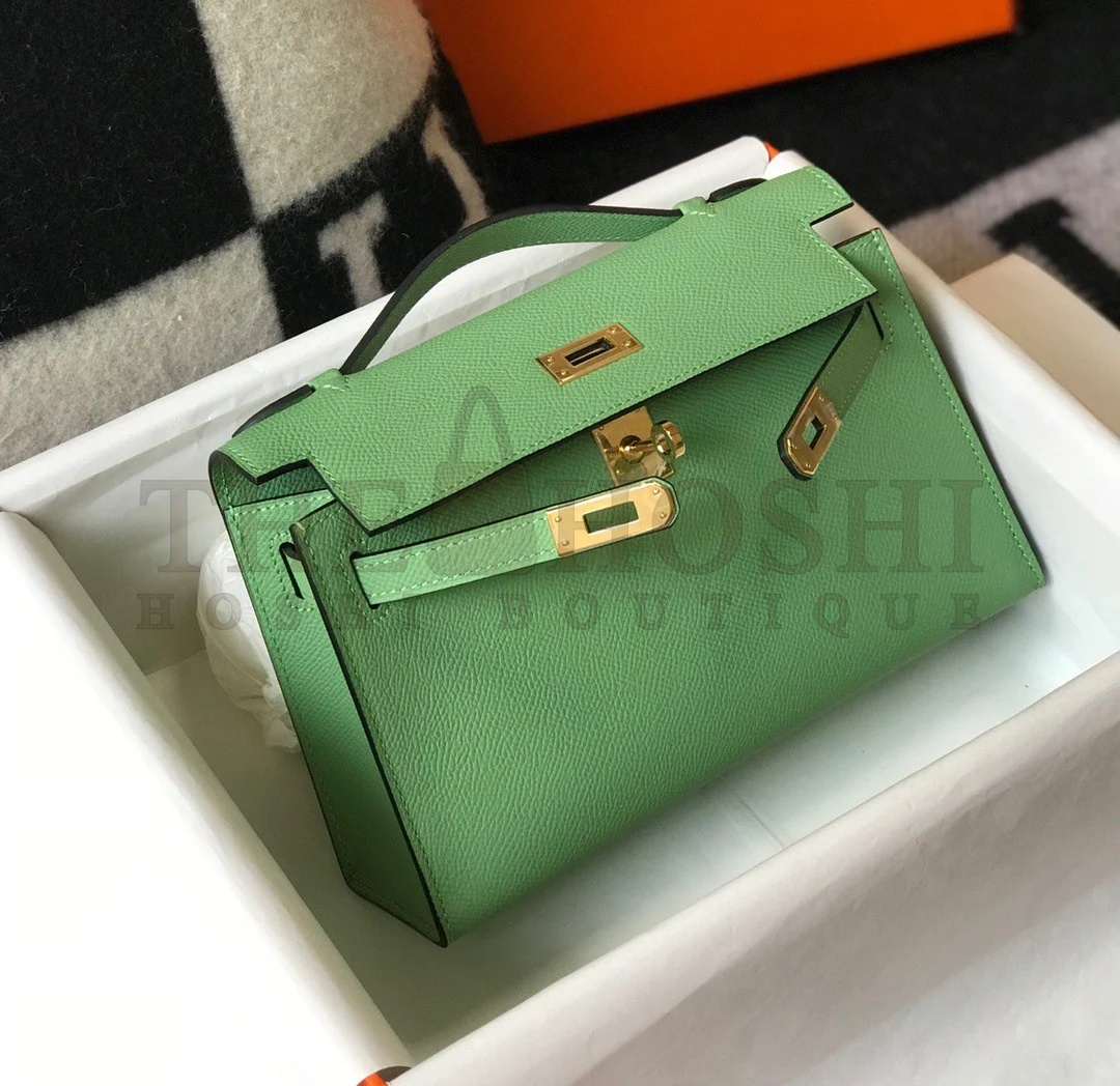 H**me5 Kelly Pochette Clutch Bag In Vert Criquet Epsom Leather Master Quality
