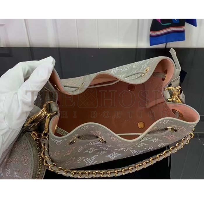 L0vis Vvtt0n LV Women Bella Bucket Bag Gray Mahina Perforated Calfskin Leather Microfiber Lining Master Quality