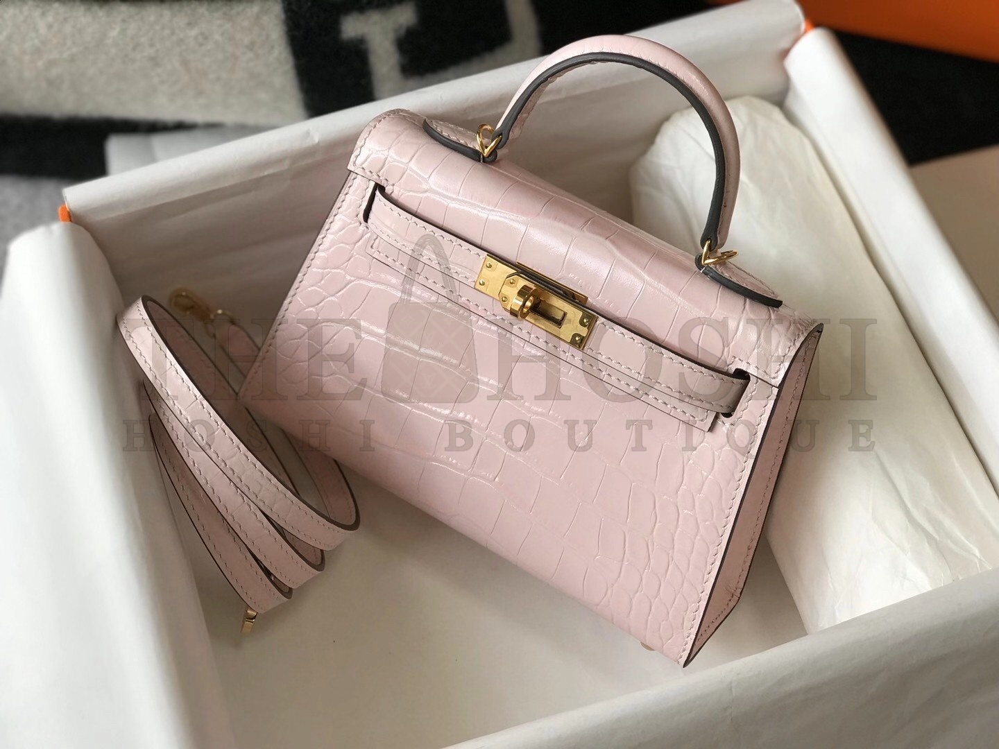 H**me5 Kelly Mini II Bag In Rose Dragee Embossed Crocodile Calfskin Master Quality