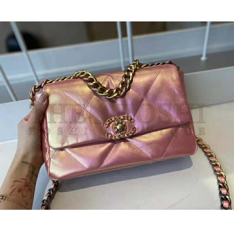 Ch**el Women 19 Flap Bag Lambskin Gold Silver-Tone Ruthenium-Finish Metal Coral Master Quality