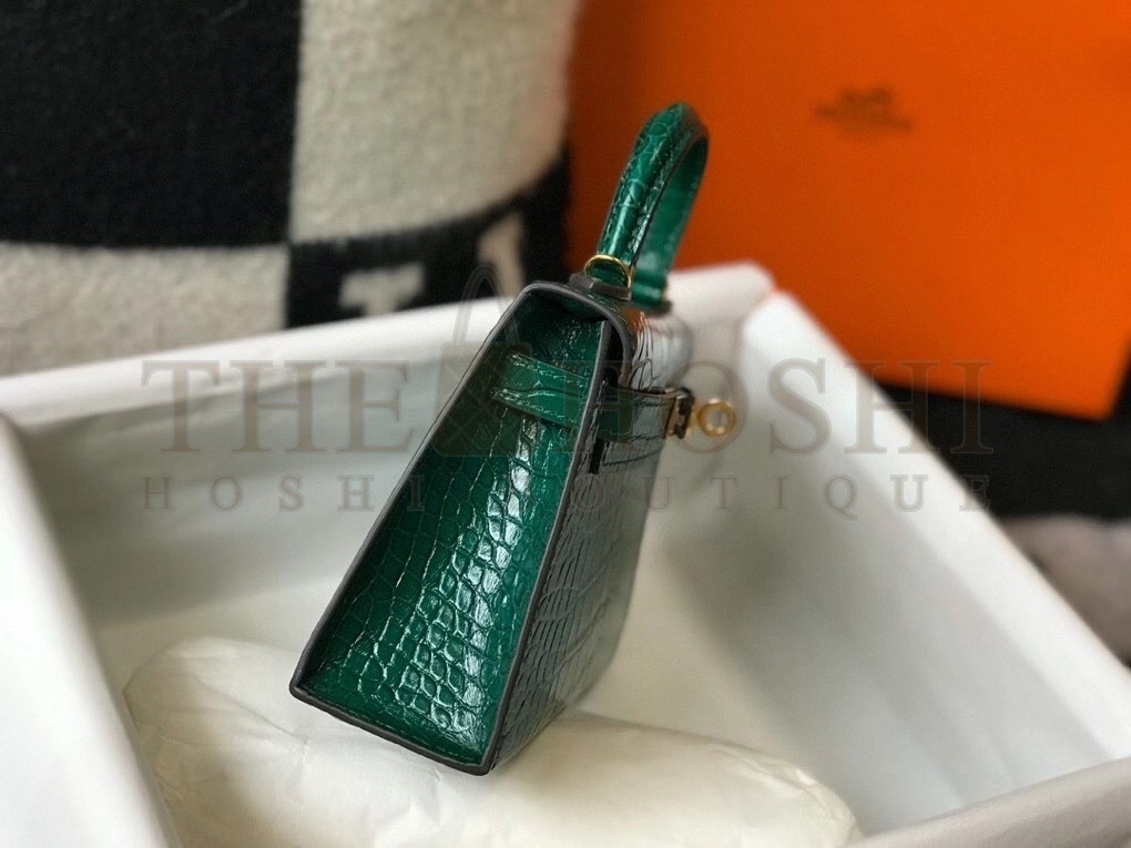 H**me5 Kelly Mini II Bag In Green Embossed Crocodile Calfskin Master Quality
