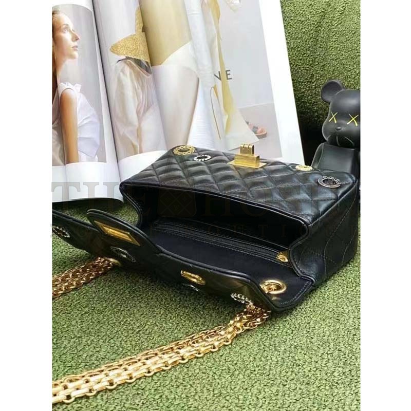 Ch**el Women CC 2.55 Handbag Calfskin Strass Glass Pearls Gold Silver Tone Black Master Quality