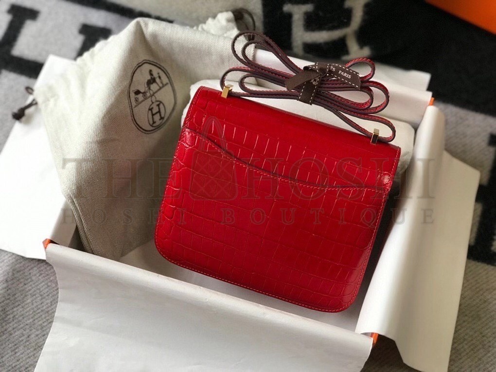 H**me5 Constance 18cm Bag In Red Embossed Crocodile Master Quality