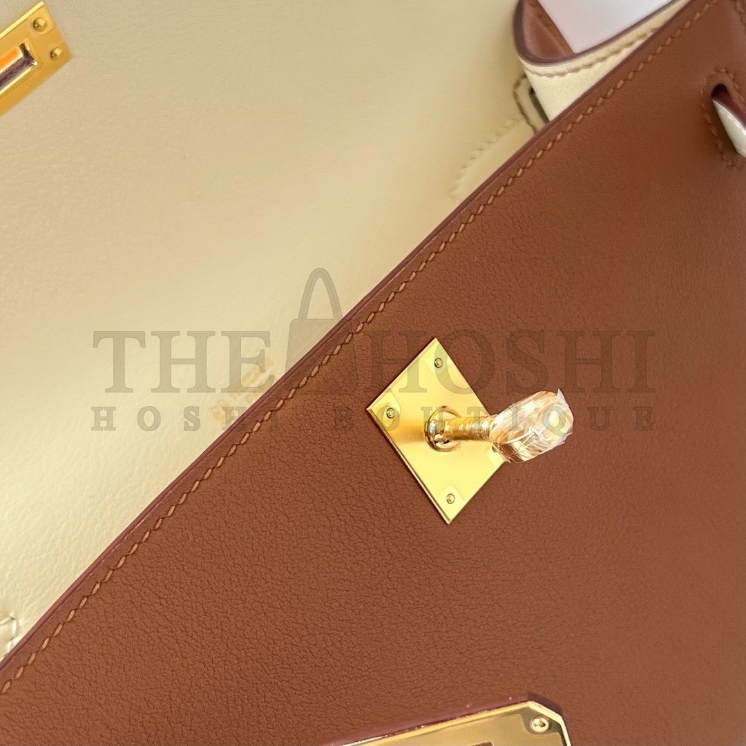 H**me5 HSS Kelly Pochette Bicolor Bag in Gold and Craie Swift Calfskin Master Quality