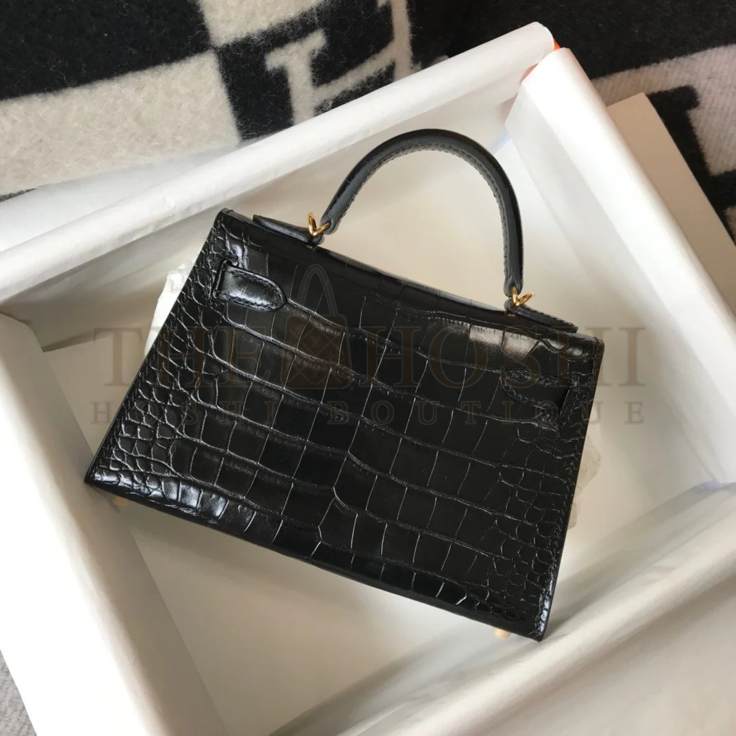 H**me5 Kelly Mini II Sellier Bag In Black Crocodile Embossed Leather Master Quality