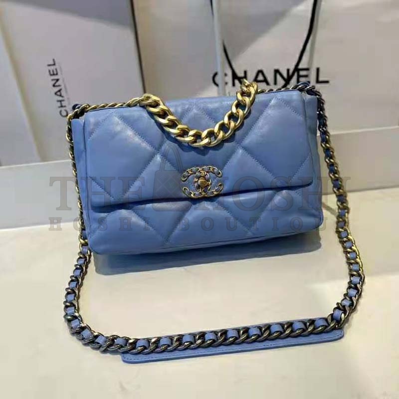 Ch**el Women Ch**el 19 Flap Bag Lambskin Gold Silver-Tone Ruthenium-Finish Metal Blue Master Quality