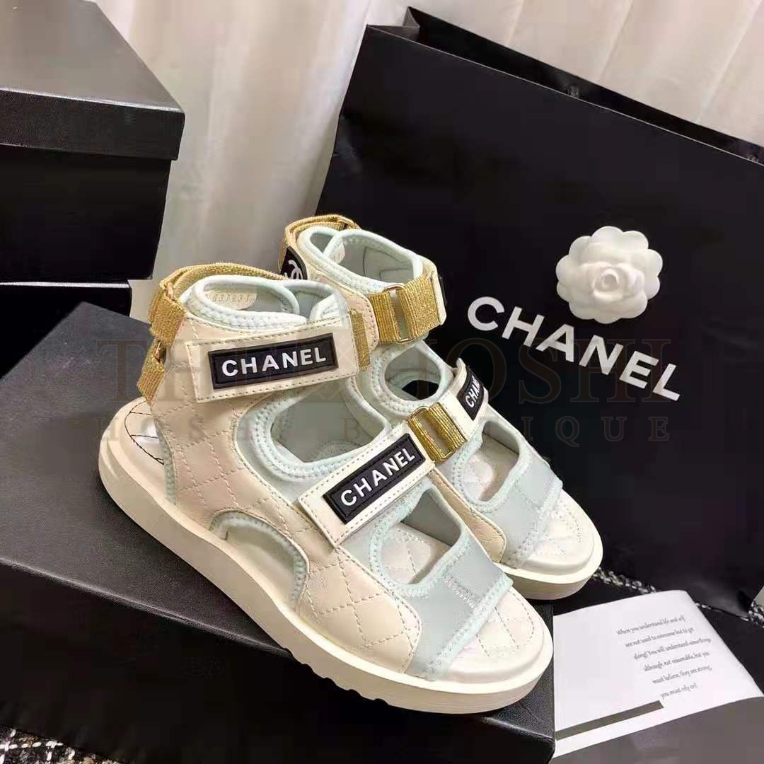 Ch**el Women Sandals Goatskin Fabric &amp; TPU White Light Grey &amp; Navy Blue Master Quality