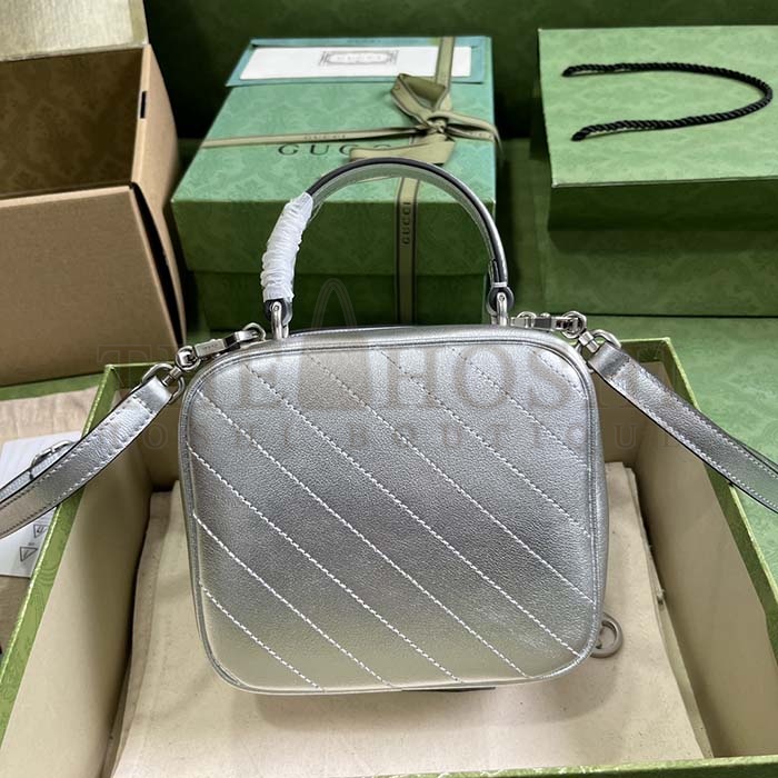Gvc*1 Women GG Blondie Top Handle Bag Metallic Silver Leather Round Interlocking G Master Quality