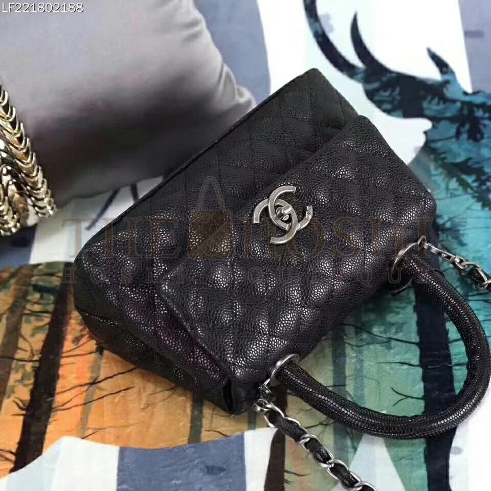 Ch**el Coco Caviar Lizard Quilted Mini Flap Bag with Top-Handle-Black Master Quality