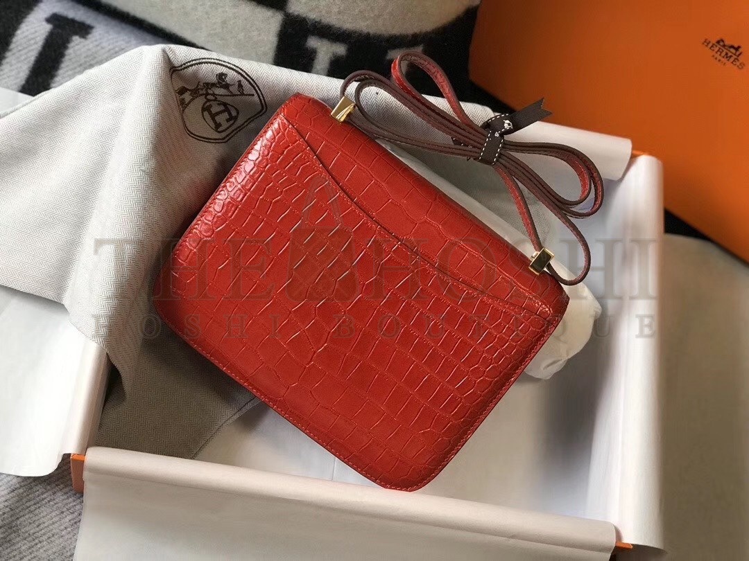 H**me5 Constance 24cm Bag In Red Embossed Crocodile Master Quality