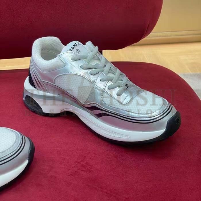Ch**el trainer shoes Women CC Sneakers Fabric Laminated White Silver Master Quality