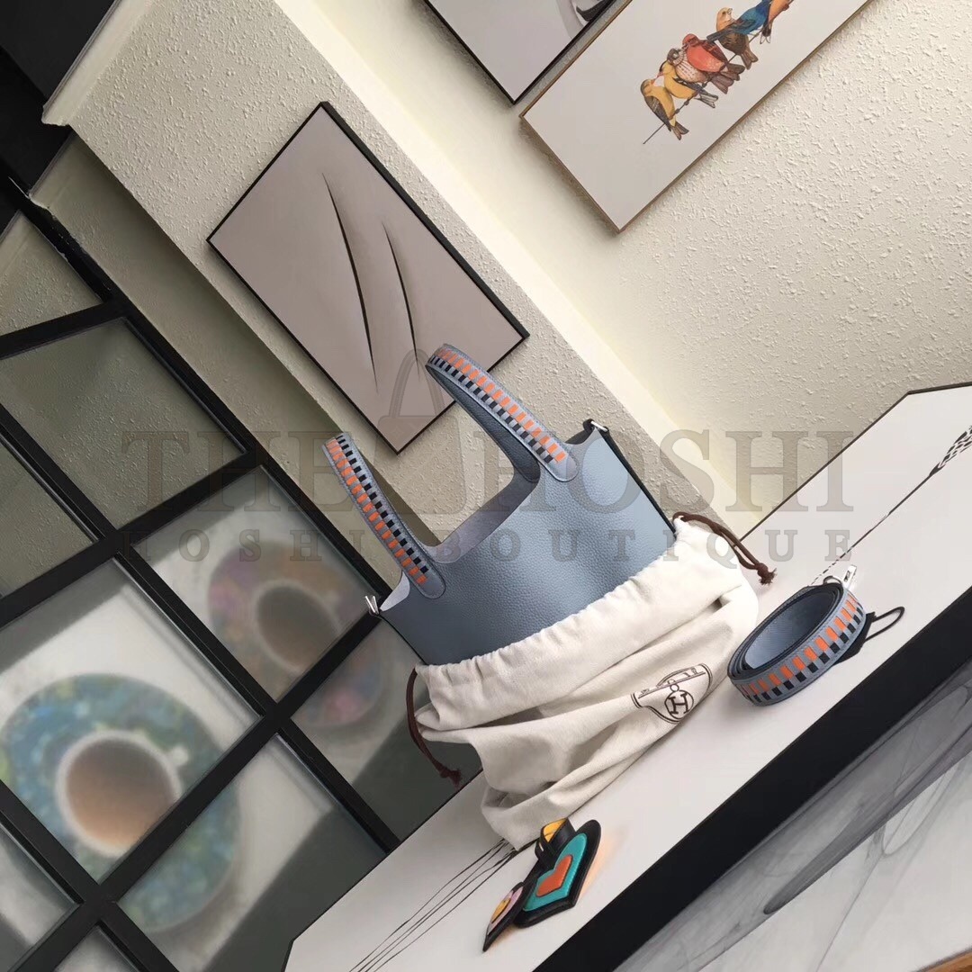 H**me5 Blue Lin Picotin Lock 22cm Braided Handle Bag Master Quality