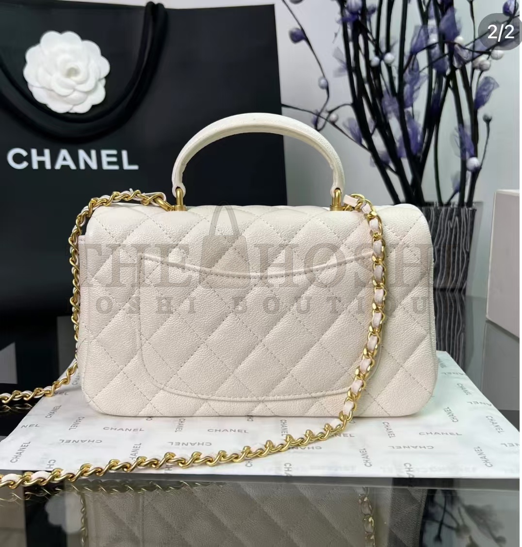 Ch**el Women Mini Flap Bag with Top Handle Grained Calfskin Gold Tone Metal White 20*14*7 cm Master Quality