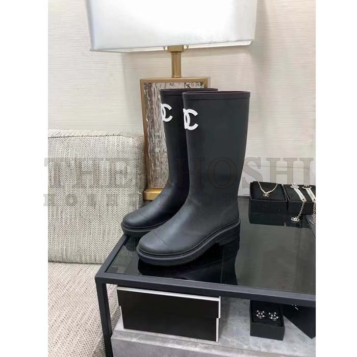 Ch**el Women CC High Boots Caoutchouc Leather Black Master Quality