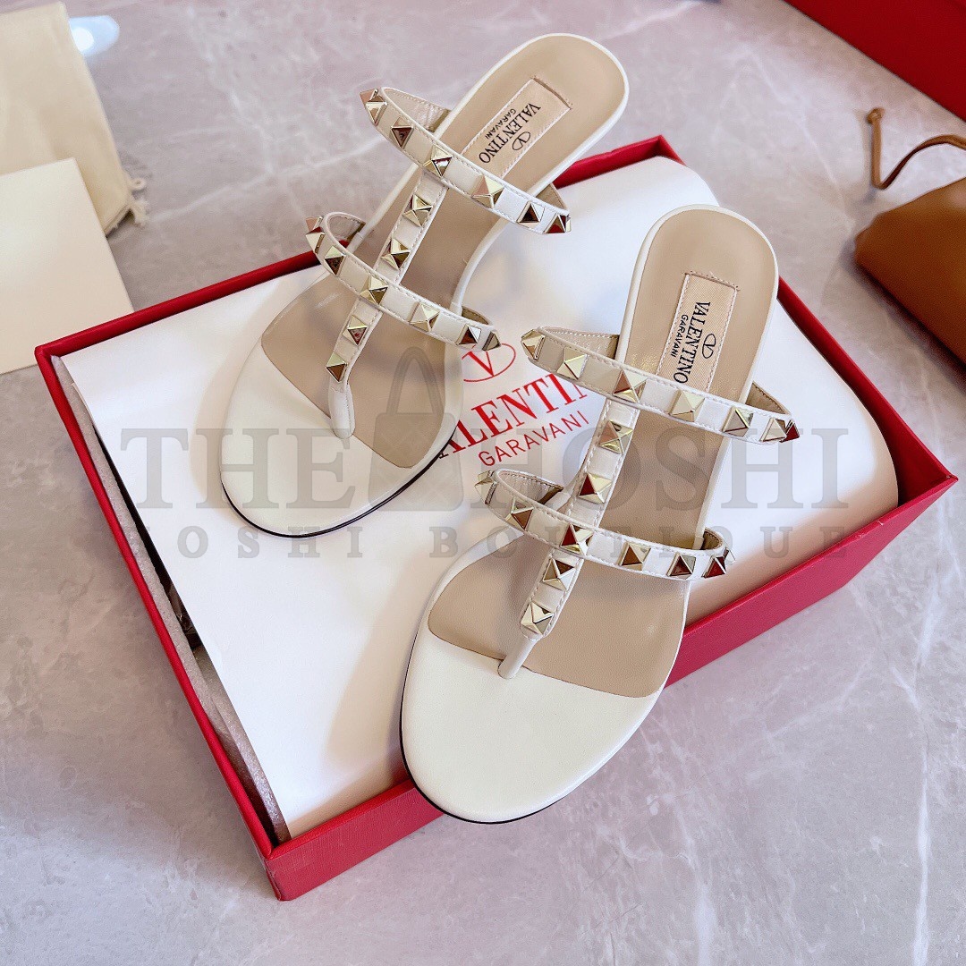 Va1e*ntin0 Rockstud Flip Flop Sandals 50mm In White Calfskin Master Quality