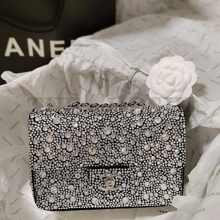Ch**el CC Women Mini Flap Bag Satin Strass Silver-Tone Metal Silver Master Quality