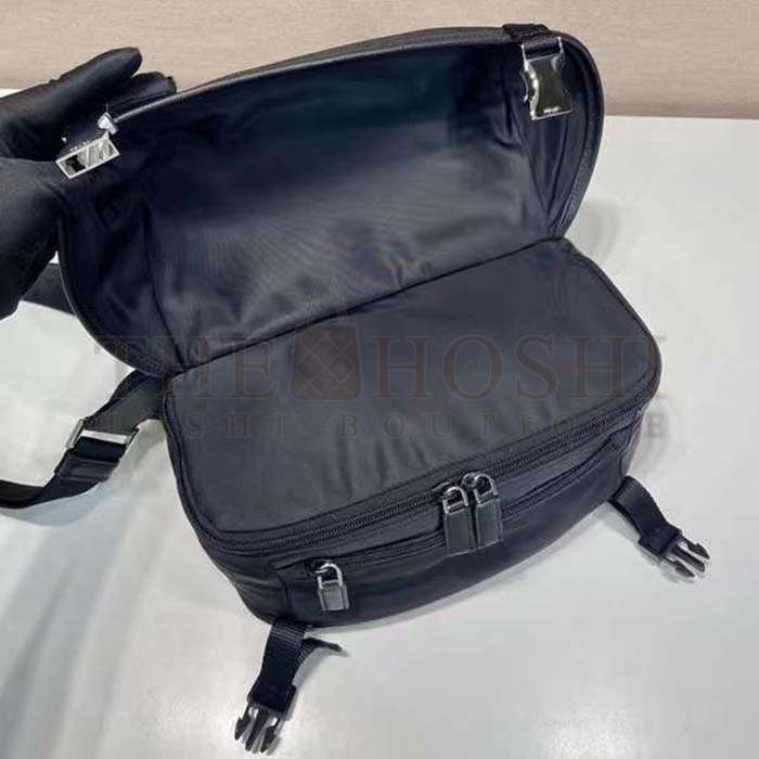 Pra*a Unisex Re-Nylon Saffiano Leather Shoulder Bag Black Fabric Flap Closure Master Quality