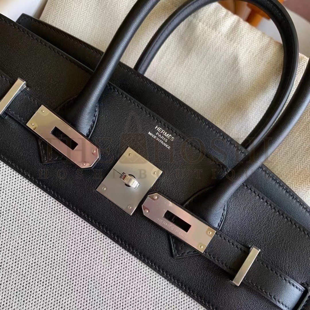 H**me5 Birkin 30 Handmade Bag In Toile &amp; Black Swift Leather Master Quality