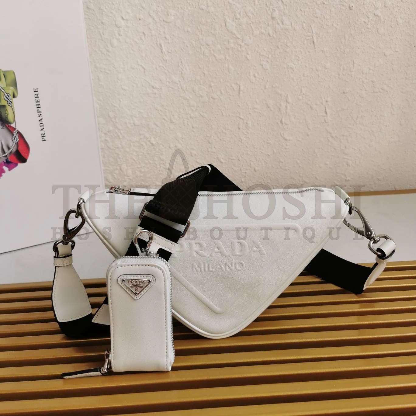 Pra*a Triangle Shoulder Bag In White Calfskin Master Quality