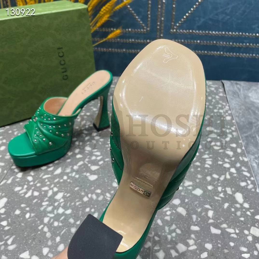 Gvc*1 Women Heeled Slide Sandals Green Leather Studs Spool High 15 Cm Heel Master Quality