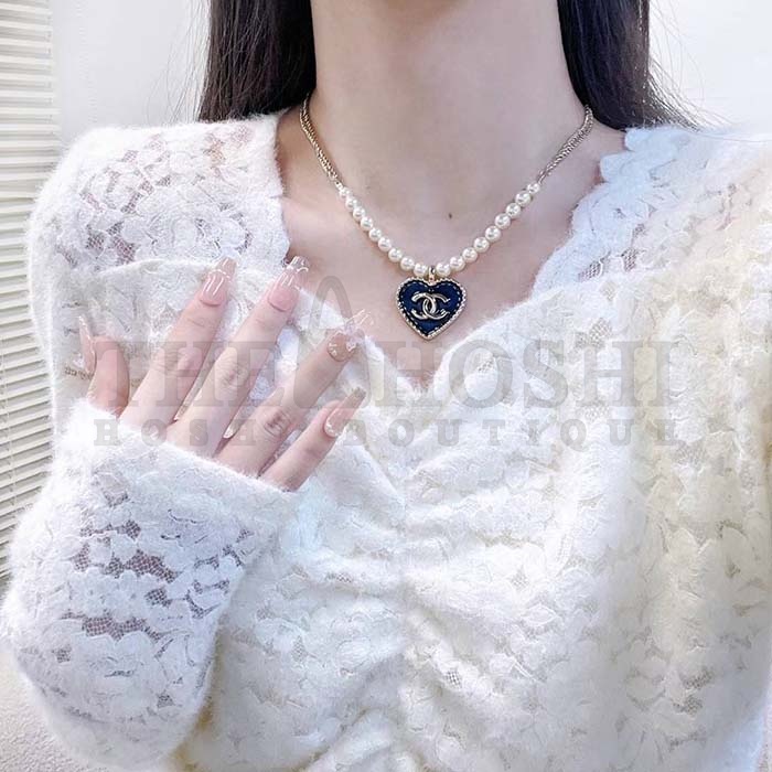 Ch**el Women CC Pendant Necklace Metal Glass Pearls Gold Blue Pearly White Master Quality