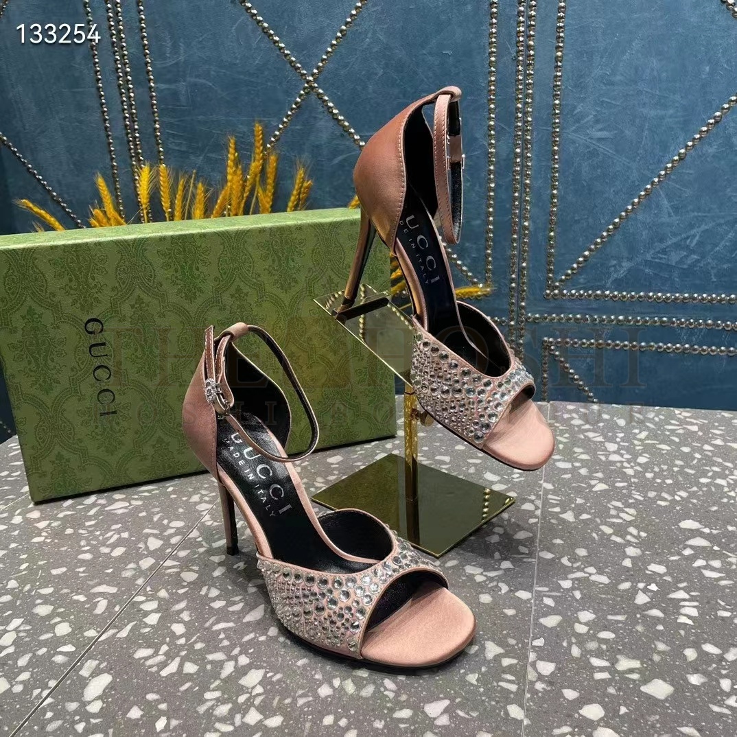 Gvc*1 Women G2 Mid-Heel Sandals Crystals Silver Satin 8 CM Heel Double G Master Quality