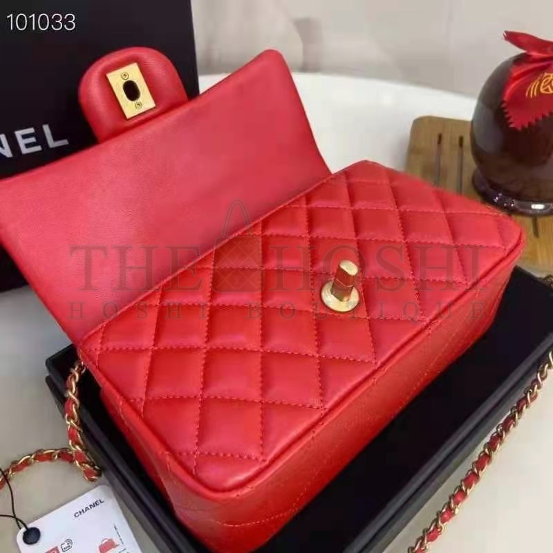 Ch**el Women Mini Flap Bag with Top Handle Grained Calfskin Gold-Tone Metal Red Master Quality