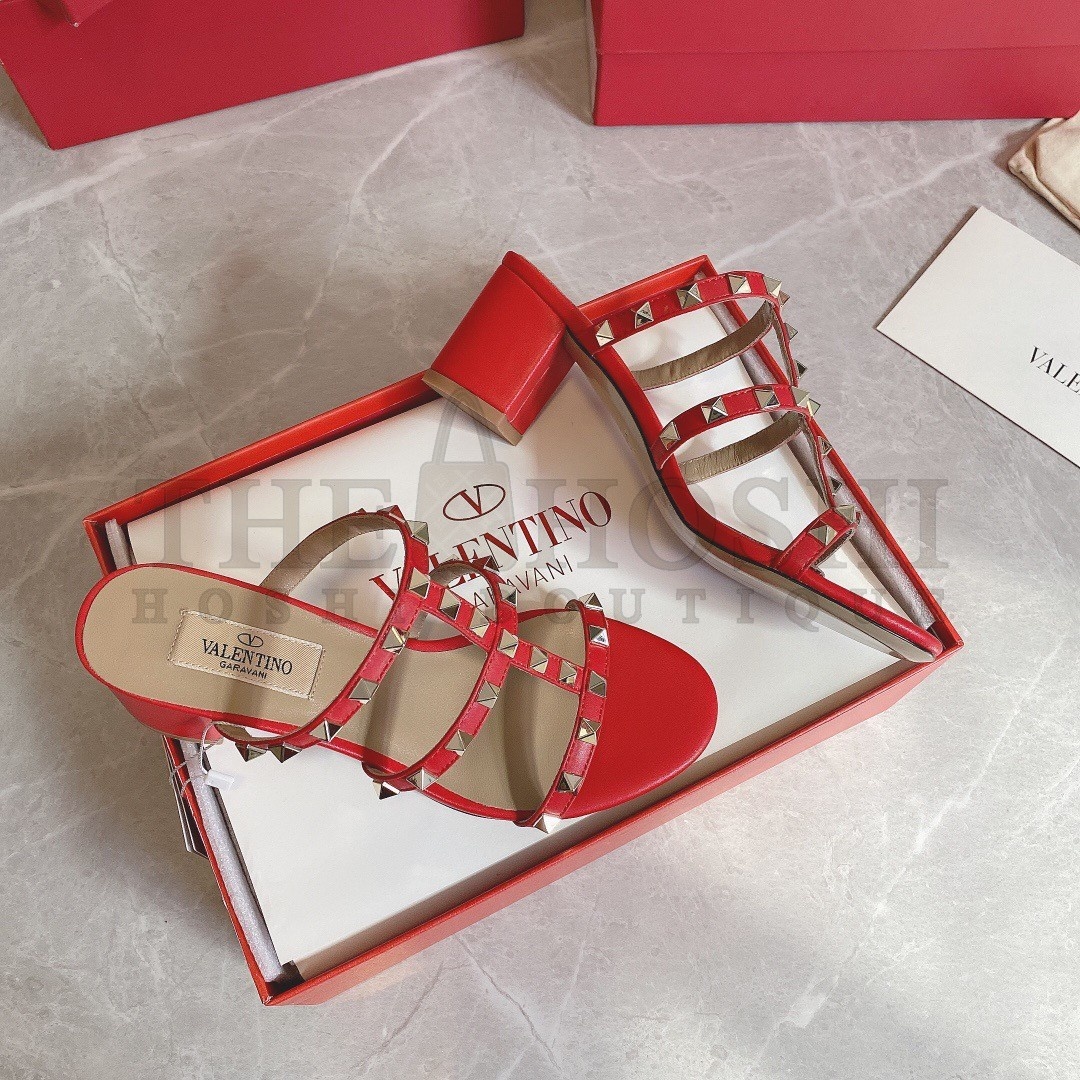 Va1e*ntin0 Rockstud Slide Sandals 60mm In Red Calfskin Master Quality