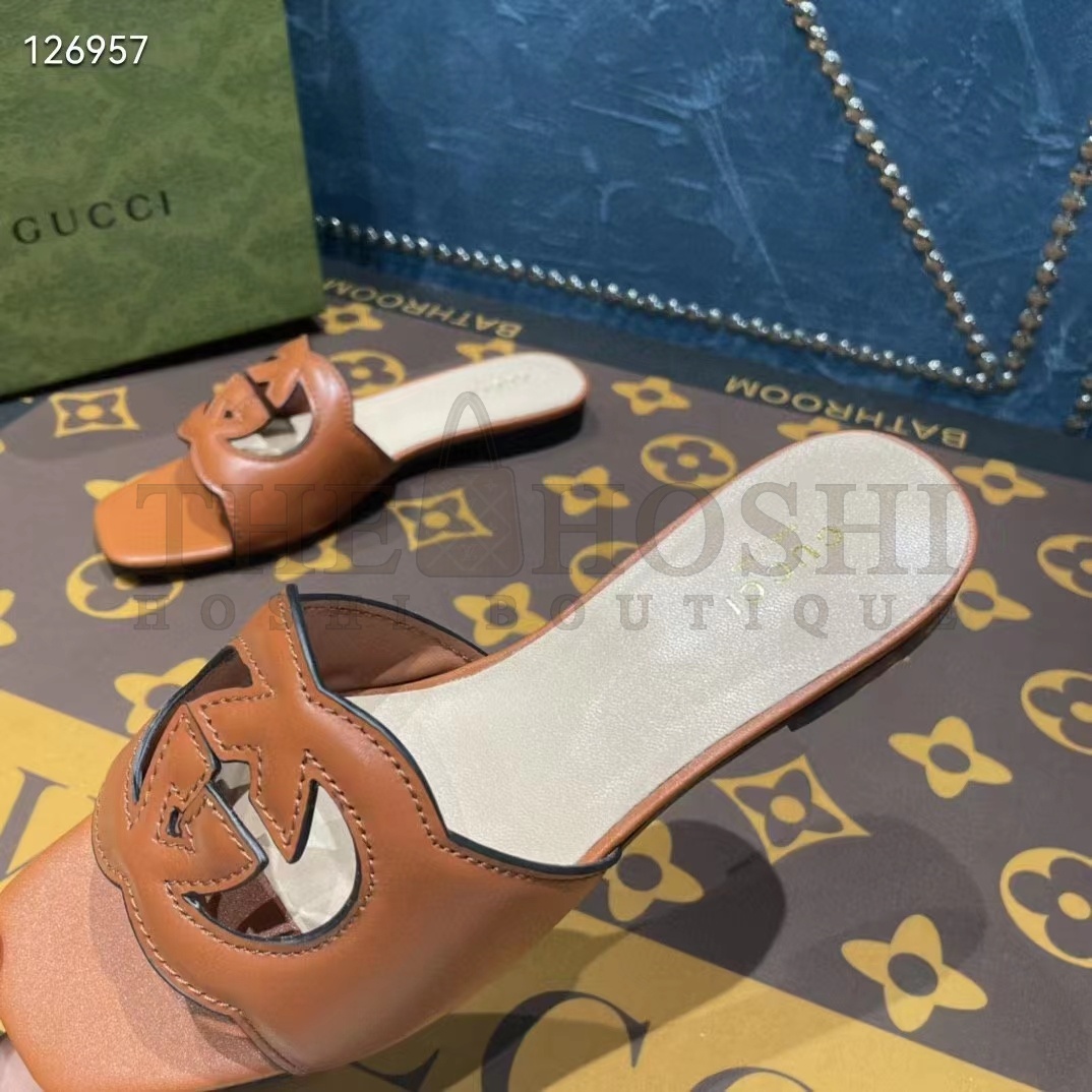 Gvc*1 Unisex Interlocking G Slide Sandals Orange Leather Cut-Out Flat Master Quality